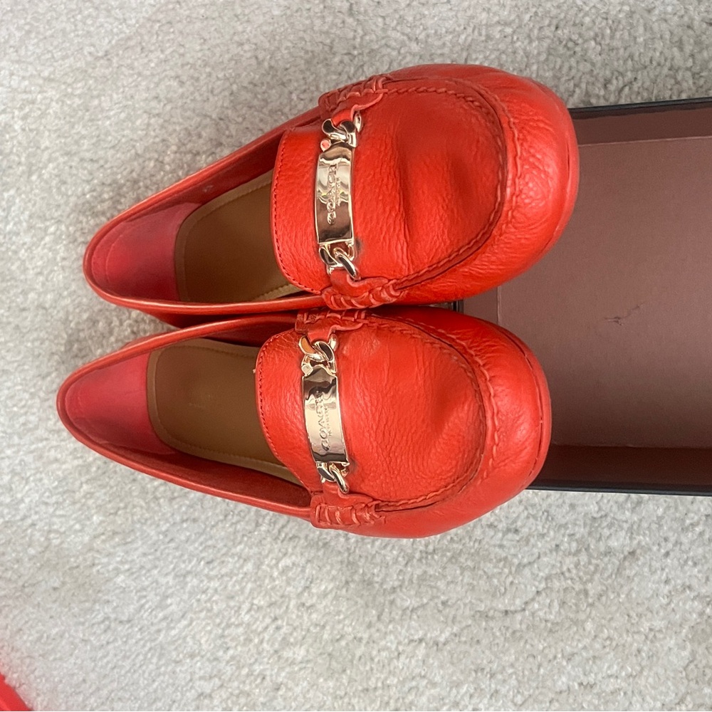 Coach Vibrant Orange Leather Loafers with Gold Accent